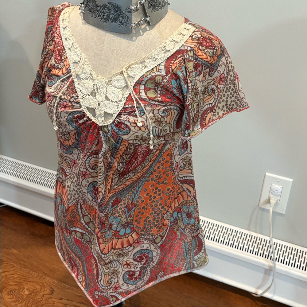 Bohemian Paisley Top with Lace Detail